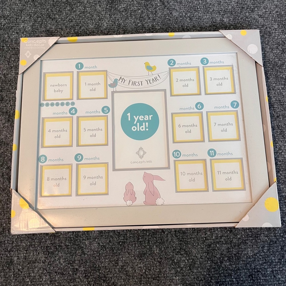 Concepts Kids Decor My First Year Baby Photo Frame Grey Yellow Bunny Bird NEW